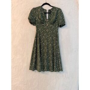 Dreimp Green Floral‎ Ditsy Print V-Neck Puff Sleeve Mini Dress Size XS 2